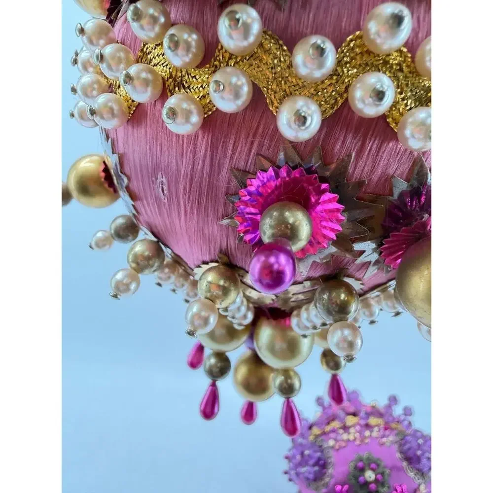 Vintage Handmade Beaded Christmas Ornament Pink Gold Sequin Ball OOAK Decor
